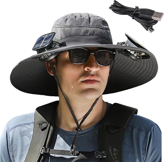 Wide Brim Solar Fan Outdoor Fishing Hat, 2 Solar Fan Hats for Men, USB & Solar Powered Fan Hat, Sombrero para el Sol Hombre, Sombrero con Ventilador