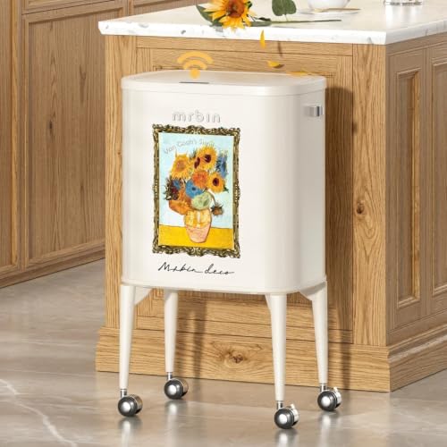 Image of MRBIN Metal Motion Sensor Kitchen Trash Can with Wheel Legs, 36L / 9.5gal Medium Press Lid Slim Waste Basket, Pet Proof Tall Narrow Garbage Pail for Vanity, Bedroom, Bathroom, Living Room, Sunflower