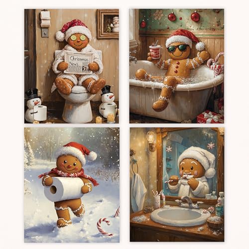 Poecinvi Funny Christmas in July Gingerbread Man Bathroom Wall Art Prints Set of 4, Funny Christmas...