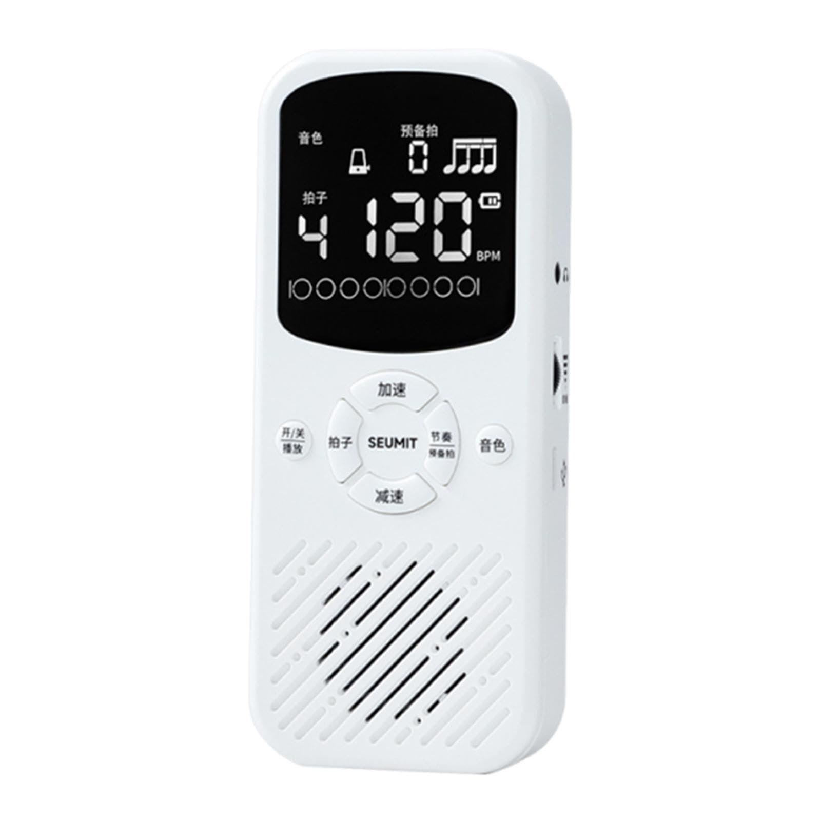 Metronomo Elettronico Digitale Portatile con Display Retroilluminato, Volume Regolabile, Suoni Elettronici E Meccanici, Connessione di Tipo C, Consigl, Bianco