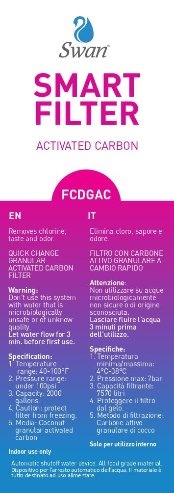 Swan Kit Di Filtrazione ACQUA SMART Activated Carbon Start ELIMINA cloro, particolato, inquinanti organici, pesticidi