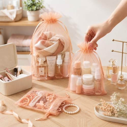 Image of FUNFERY 100PCS Peach Champagne Organza Gift Bags 5x7in,Drawstring Pouch