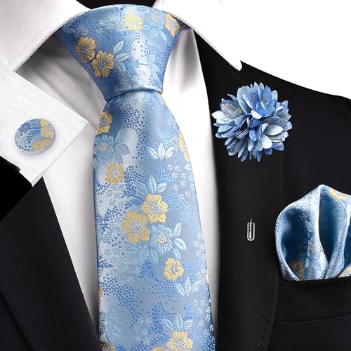 Image of GUSLESON 3.15 inch(8cm) Mens Floral Tie and Lapel Pin Necktie Hankerchief Cufflinks Set for Men