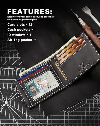 Airtag Wallet for Men, Bifold Full-Grain Leather Wallet for Apple Air Tag, Slim Men's Wallet with Airtag Holder, RFID Blocking, 12 Card Slots, Gift Box2