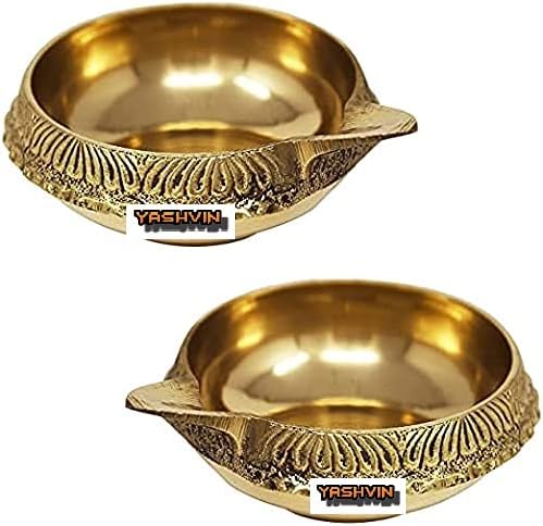 Balaji e Retail Brass Kuber Diya Set of 2 Golden Handmade Indian Engraved Design/Pital Jyot Diva/Pooja Deepak Unique Design, Home Decorative Oil Lamp for Puja, Diwali Deepak