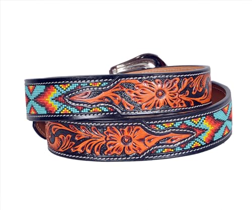 Western Tooled Leather Beaded Belt For Men and Women 30IS1092