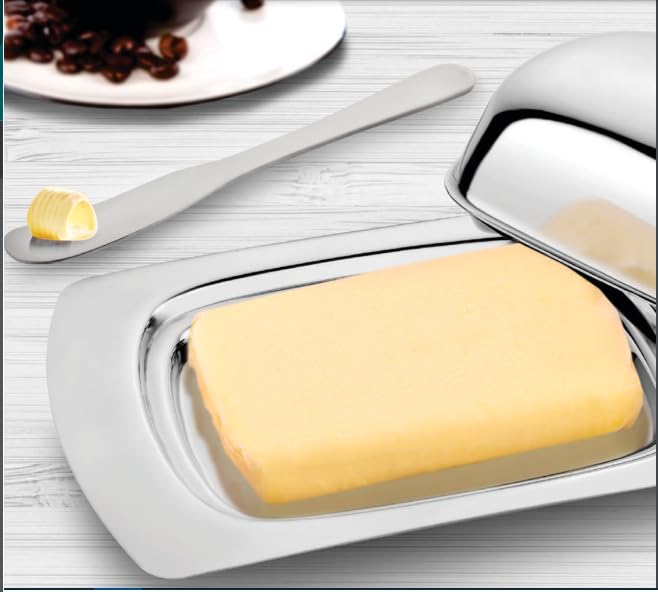 GAFFEL Stainless Steel Butter Dish/Butter Box Container Dish 16.5cm/Butter Plate with Lid (Rosegold Knob) and Knife for 350gm, Set of 1, Silver 4