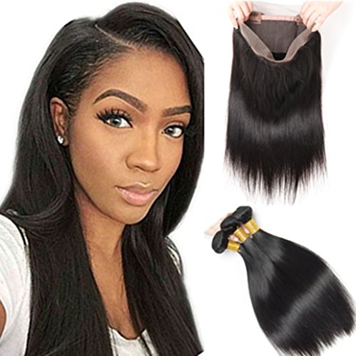 XSYHair Brazilian Free Part 360 Straight Nature Black Human Hair Lace Closure with 3 Human Hair Bundles for Black Women
