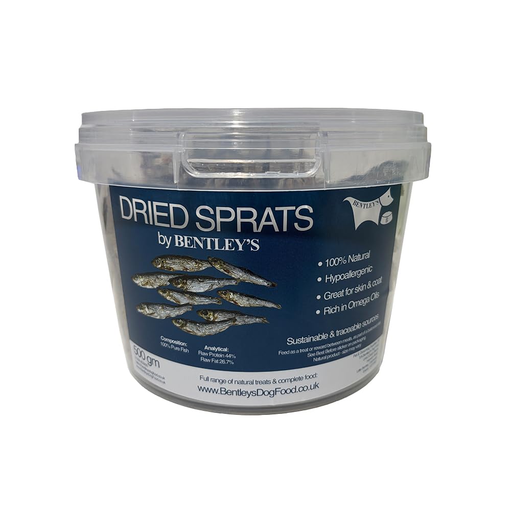BENTLEY'S Dried Sprats for Dogs 500gm Tub - Pure Fish Treats - 100% Natural Grain Free Dog Treats Refillable Bucket