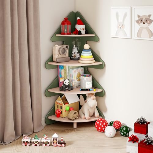 Image of GITAWUSA Tree Bookshelf for Kids, 4-Tier Montessori Corner Bookcase, Space-Saving Freestanding Storage Organizer for Books & Toys, Suitable for Kids Room, Playroom, Classroom, Nursery