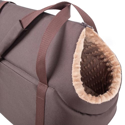 BOUTIQUE ZOO Hundetasche - Braun Beige/Minky, L bis 15 kg - Tragetasche für kleinen und mittleren Hund, Welpen, Katze