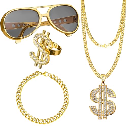 4 accesorios para disfraz de hip hop, pulseras de signos de dólar, anillo de gafas de sol, cadena de oro, accesorios para rapero, rapero, cadena de oro, hiphop para 80/90 s