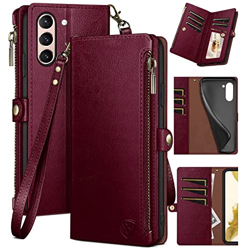 XcaseBar for Samsung Galaxy S21 Wallet case with Zipper Credit Card HolderRFID Blocking Flip Folio Book PU Leather Phone case Shockproof Cover Women Men for Samsung S21 case Wine Red