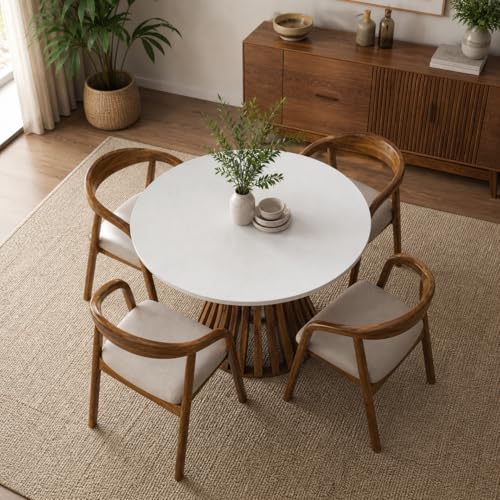 Image of 4-Seater Round Dining Table Set, White Quartz Marble Top Dining Table with Solid Wood Base, Contemporary Dining Room Table Set with Chairs