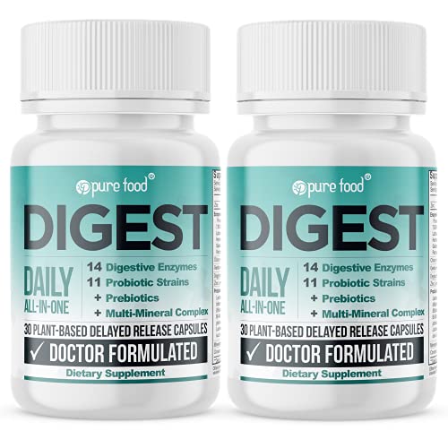 Pure Food Digest - Probiotics + Digestive Enzymes + Prebiotics Gut Health and Immunity Supplement - (2 Pack Bundle, 30 Capsules in Each Bottle)