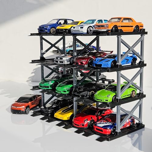 Image of 1:64 Diecast Car Display Enclousure- Multi-Tier Collectible Diecast Cars Storage for Hot Wheels, Mini GT & Matchbox | Matte Black & Silver (4 Tier - 16 Car Capacity)
