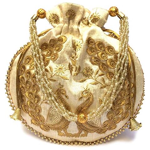 Indian Ethnic Designer Embroidered Silk Potli Bag Batwa Pearls Handle Purse Clutch Purse for Women, Peacock White Cover