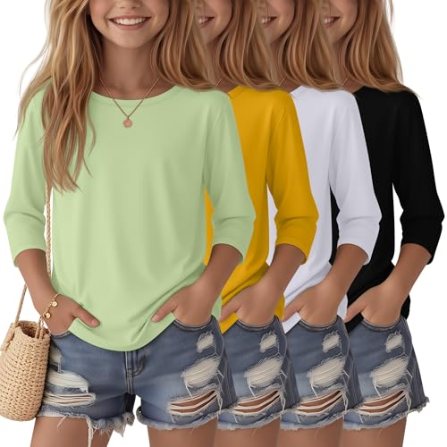 Image of 4 Pack Girls 3 /4 Sleeve T Shirts Kids Crewneck Elbow Sleeve Casual Tops Solid Basic Cute Teen Tees 5-14Y