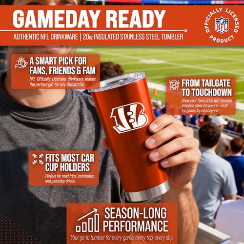 Image of Cincinnati Bengals NFL 20oz Stainless Steel Insulated Tumbler, Slider Lid | Officially licensed Bengals drinkware; double-wall vacuum construction; cupholder compatible; BPA-free; hand wash only
