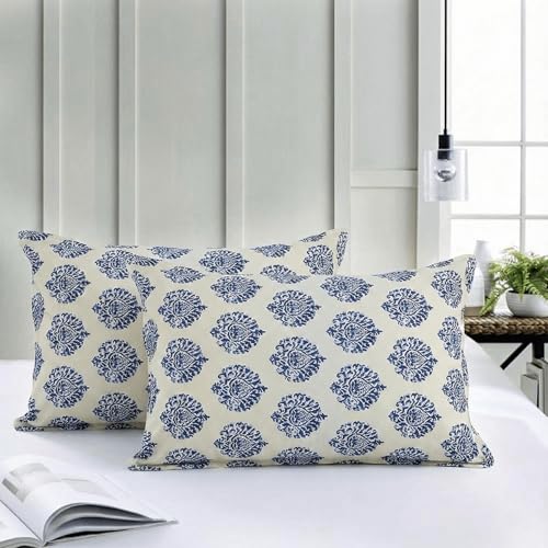 Image of Trance Home Linen 200 Tc 100% Cotton Paisley Printed Pillow Covers | Pillow Cases | Set of 2 Piece Pillow Covers Only |Standard Size (Damask Blue, 18 X 28 Inch)