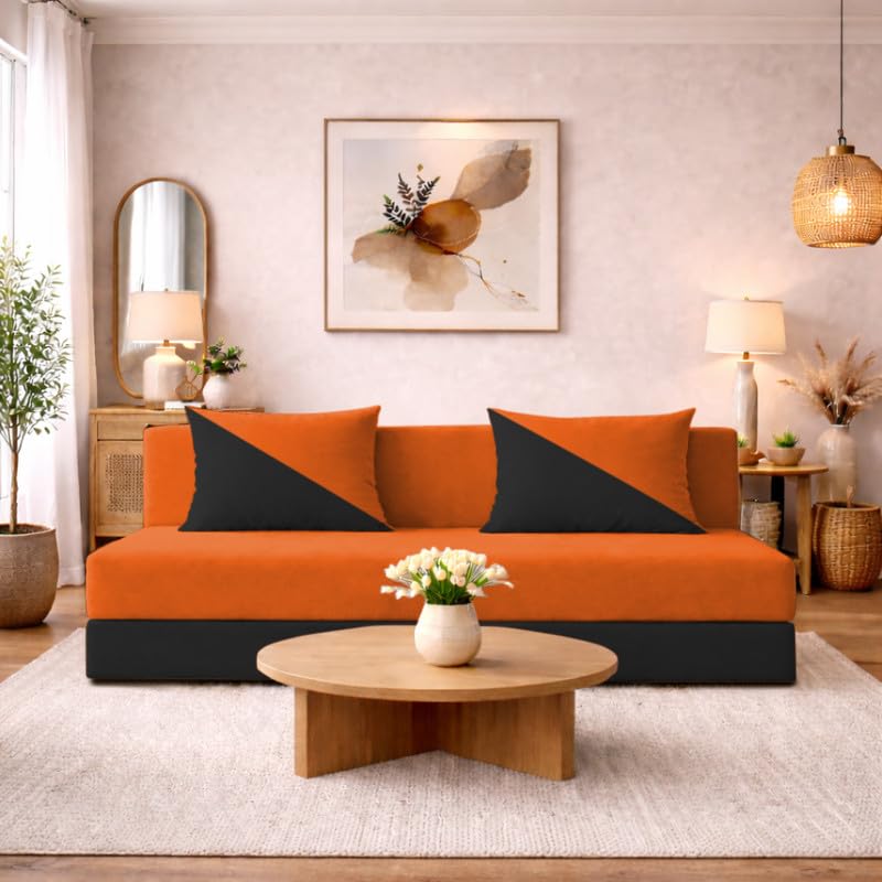 Image of Adorn India Easy Desmond 4 Seater Sofa Cum Bed 6 x 6 Velvet (Rust & Black) (1 Year Warranty)