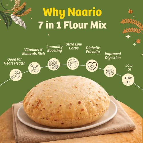 Image of Naario Multigrain Atta | 40% More Fibre Per Roti vs Wheat | Low GI | Diabetic Friendly | 30%+ Millets | Methi Dana for Blood Sugar | 7 Grains Roasted Atta | No Maida | 5kg (1kg x 5)