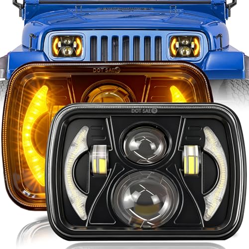 HILLSKING 5x7 LED Headlight & H6054 LED Headlights: 7 Inch LED Headlight for Truck Chevy Express Jeep YJ XJ 2B1 | Dual Color White/Amber DRL & Turn Signal | Plug and Play