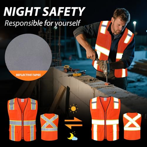 Image of Class 2 Safety Vest with Zipper Front and multiple Pockets, High Visibility Vest, Meets ANSI /ISEA Standards