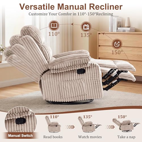 Image of Korser Rocking Recliner Chair, Nursery Rocker Chair for Adults, Small Recliners for Small Spaces, Swivel Rocker Recliner with Cushion, Upholstered Rocking Chairs for Living Room, RV, Corduroy
