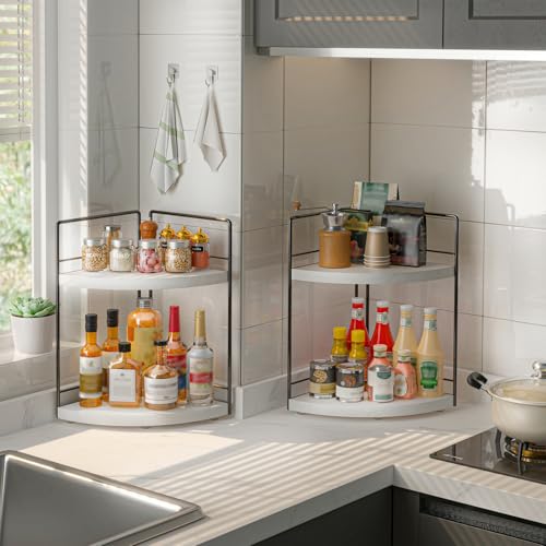 Image of 2-Tier Bathroom Corner Organizer Shelf, Wood & Metal Countertop Storage Rack, 2-Pack