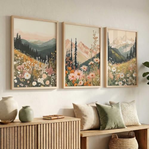 Image of kotart Big Aesthetic Mountains View Wall Art Paintings | Flowers Landscape Framed Painting | Vastu Frames for Living Room Bedroom Wall Decor Set Of 3 (14x20 Inch)