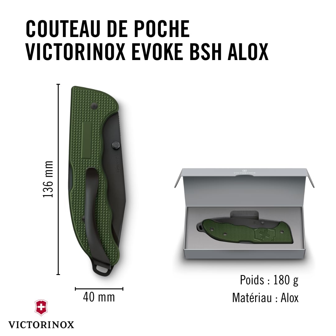 Victorinox Couteau Suisse Hunter Evoke BSH Alox, Couteau Pliant Outdoor, 4 Fonctions, y c. Lame 10 cm et Bouton, Olive