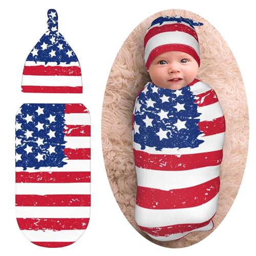 Image of American Flag Newborn Swaddle Blankets Baby Stuff Soft Swaddling Blanket With Beanie Sets Gifts For Infant Boys Girls