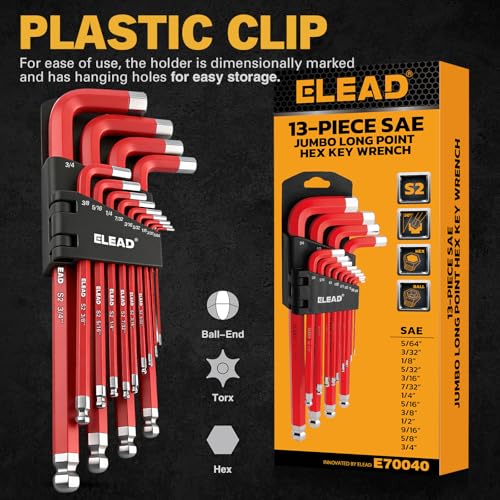 Image of ELEAD Jumbo Hex Key Allen Wrench Set | 13-Piece SAE 5 /64 inch-3 /4 inch | Long Ball End Durable S2 | 4 inch - 13.5 inch Long | Automotive | Mechanic | Furniture | Professional Grade Tools