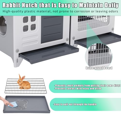 Rabbit Hutch Indoor & Outdoor with Extended Play Area, Plastic Rabbit Hutch with Sloped Roof Drainage, Panoramic Windows, Urine Barrier & Pull-Out Tray, Rabbit Cage with Run Easy to Clean and Assemble - Image 3