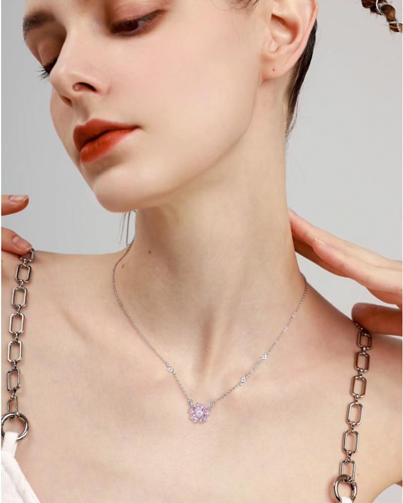 Cherry Blossom Necklace for Women Dainty Pink CZ Flower Choker Pendant Necklace Sterling Silver Plated Trendy Adjustable 17" Chain with Heart Charm Floral Fashion Jewelry Wedding Party