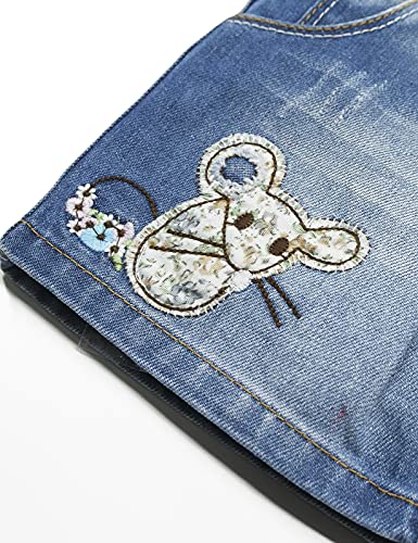 Image of KIDSCOOL SPACE Baby Little Girls Fox Flowers Embroidered Lace Denim Overall Dress