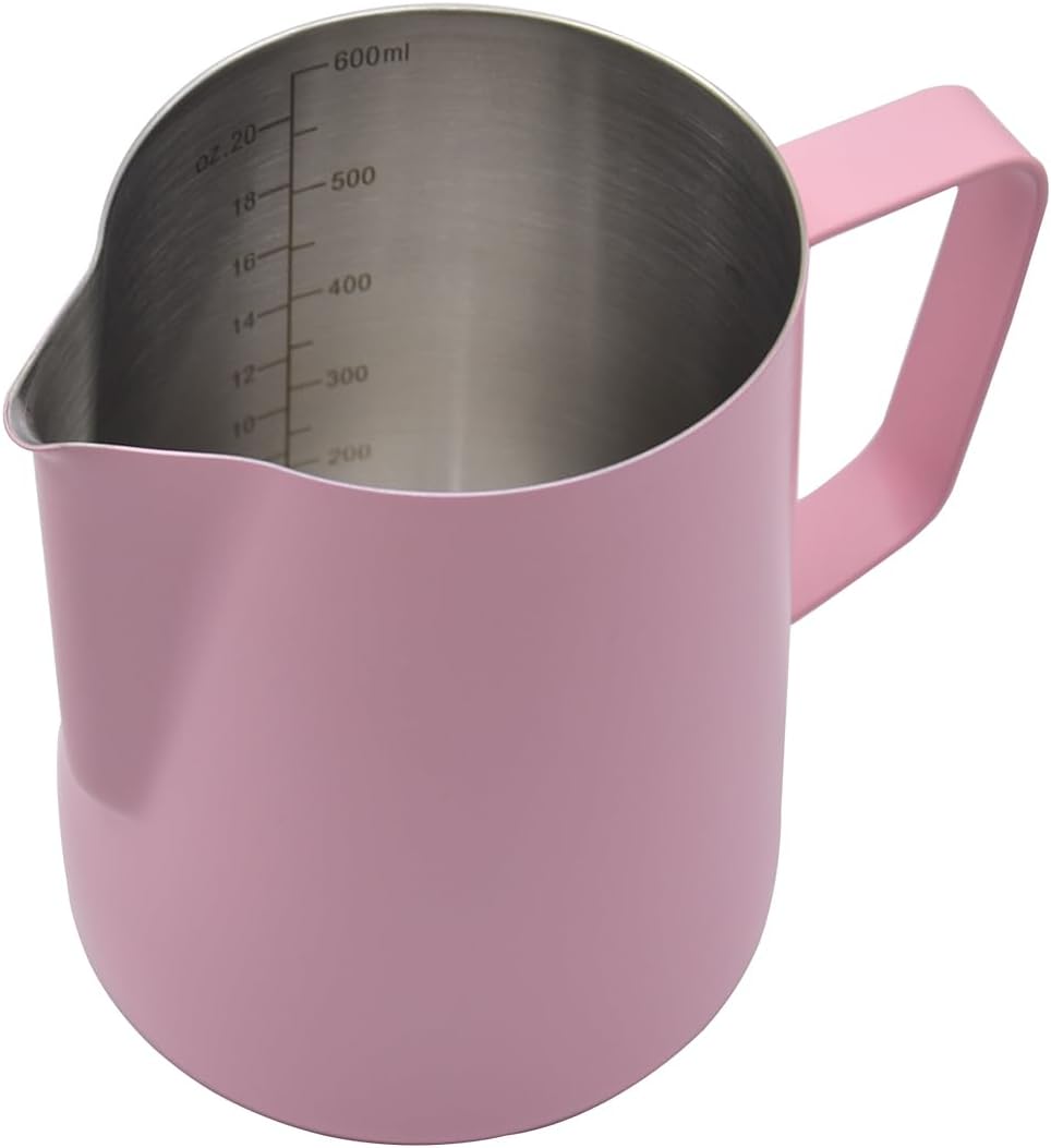 20oz (600ml) Milk Frothing Pitcher with Clear Scale, Frother Cup Stainless Steel Jug Steaming Pitcher, Coffee Cappuccino Latte Art Barista Steam Pitchers Milk Jug Cup – Pink