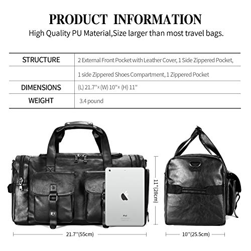 Zeroway Travel Duffel Bag with Shoe Pouch, PU leather Carry on Bag Weekender Overnight Bag for Men Women Black