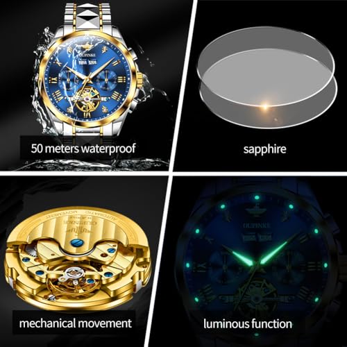 Image of OUPINKE Men's Automatic Watch 44mm Big Dial,Luxury Mechanical Wristwatch,Sapphire Crystal Glass,50M Waterproof, Tungsten Steel with Date Display