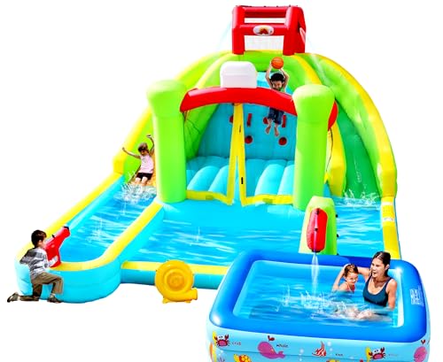 WELLFUNTIME Inflatable Bounce House Double Slides with Blower, Bouncy Castle with Rock Climbing, Jumping Area for Basketball
