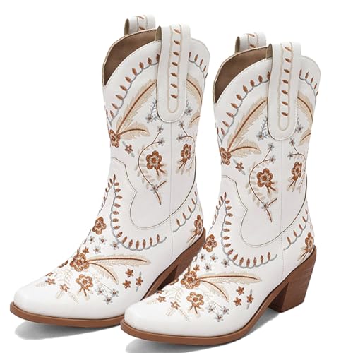 Botines de Vaquera con Bordado de Flores Hechos a Mano, de Piel sintética, Punta Puntiaguda, Pantorrilla Ancha, Estilo Vintage Occidental, 6 cm,Blanca,43 EU