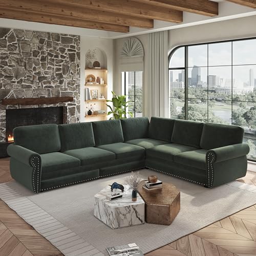 Image of KCGKCG 118 inch Sleeper Sofa Bed, Sectional Couches for Living Room /Apartment, Chenille L Shaped Couch with Pull Out Couch Bed, Convertible Sectional Sofa with Rolled Arm & Nailhead Trim, Green