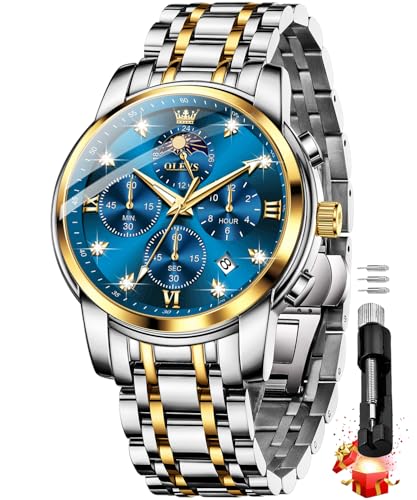 Image of OLEVS Chronograph Watches for Men Original Analog Quartz Black Stainless Steel Chain Luxury Dual Time Zone Moon Phase Date Waterproof Men's Wrist Watch