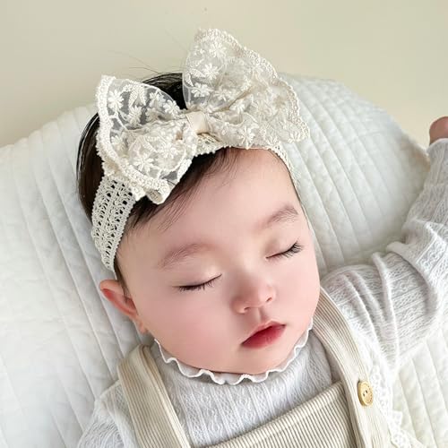 Rannyrena Lace White Bow-knot Baby Girls Headband Birthday Shower Infant Wrap Elastic Flower Baby Turban Hairband for Newborn Infant Toddler Kids...