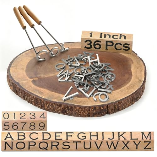36Pcs 1 Inch Branding Iron Set Stainless Steel Letter Number Branding Kit with 26 Letters A-Z 10 Numbers 0-9 3 Heating Rods & Anti-Scald Gloves Reusable Wood Burning Stamp for Wood Leather Cowhide BBQ