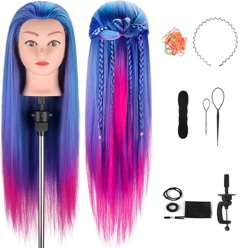 TwoWin Training Head 70cm Peluquería Head Cosmetología Maniquí Maniquí Muñecas Peinado con soporte(Azul + Morado)