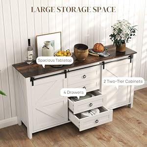 HOMCOM Farmhouse Sideboard Buffet Cabinet with Storage, 60" Kitchen Cabinet with 2 Sliding Barn Doors, 4 Drawers and 2 Adjustable Shelves, Rustic Coffee Bar Cabinet, Distressed Cream White HOMCOM Farmhouse Sideboard Buffet Cabinet with Storage 60 Kitchen Cabinet with 2 Sliding Barn Doors 4 Drawers and 2 Adjustable Shelves Rustic Coffee Bar Cabinet Distressed Cream White