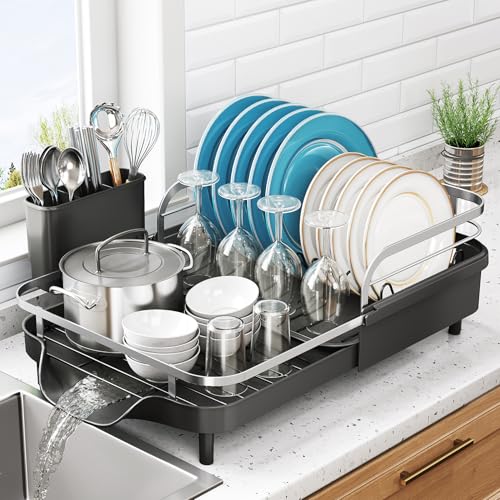 Comparison: Best Drying Rack For Dishes 6 Dish Drying Rack, Expandable Dish Rack for Kitchen Counter, Stainless Steel Dish Drainer with Drainboard Set and Utensil Holder (Black)