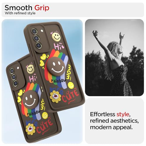 Image of Pikkme Back Cover for Samsung Galaxy S21 Fe 5G | Soft Silicone| Cute Rainbow Smile & 3D Cartoon Flower Design | Shockproof Raised Camera Protection Bumper Case (Brown)